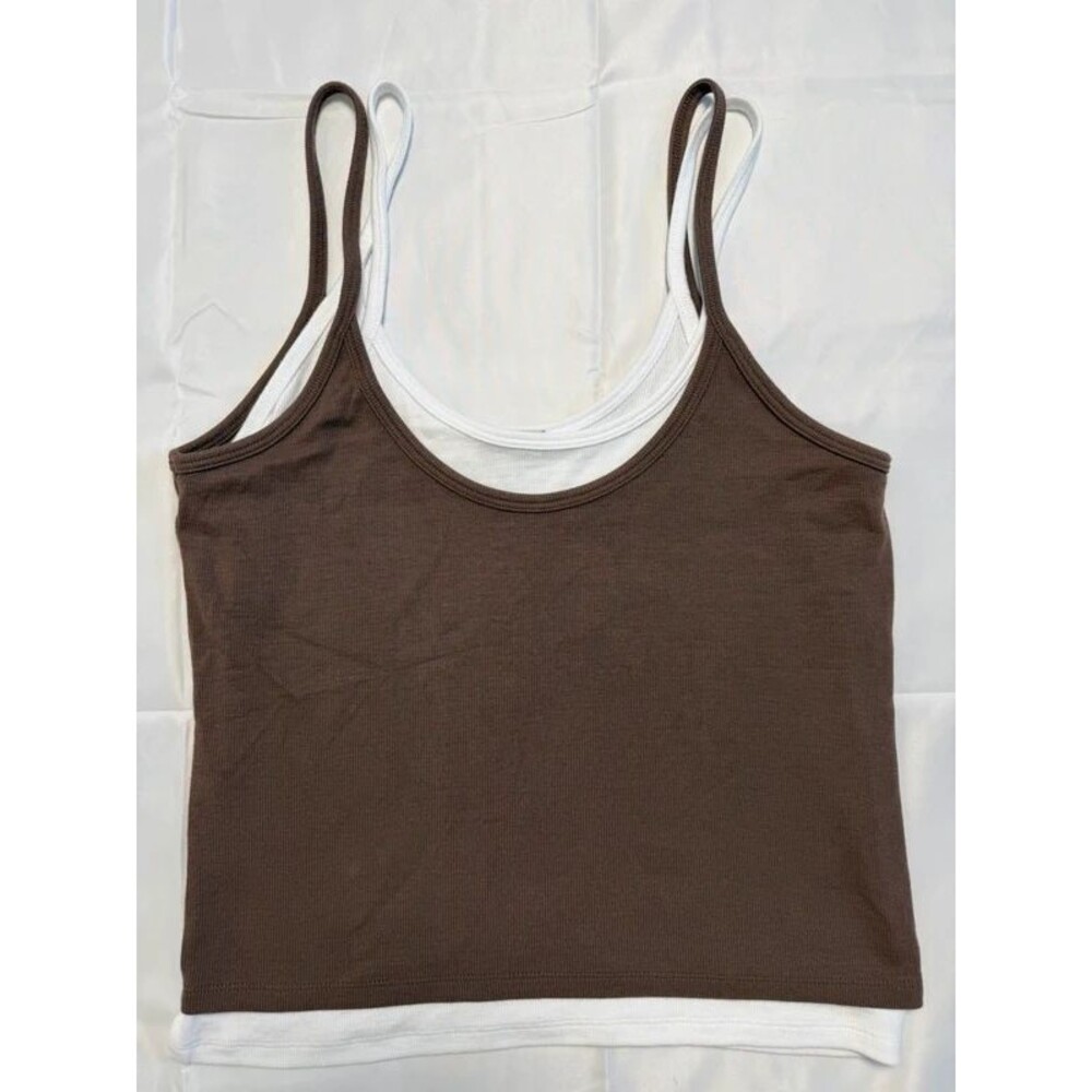 Evereve Layered Ribbed Tank Top Brown White Contrast Double Layer Cami L